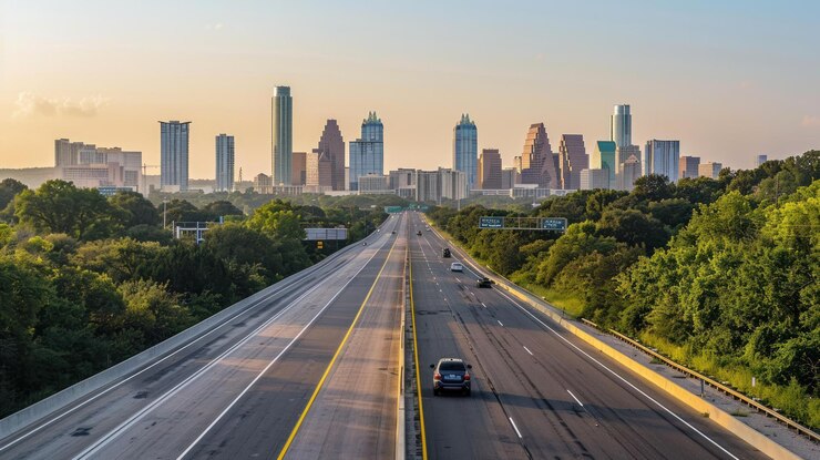 PSD austin texas skyline viewed from highway at sunrise