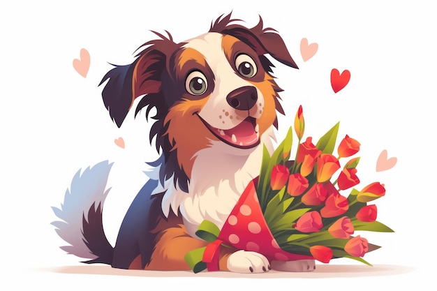 PSD australian shepherd personaje de dibujos animados con ramo de objeto único estilo dicut png aislado en fondo blanco