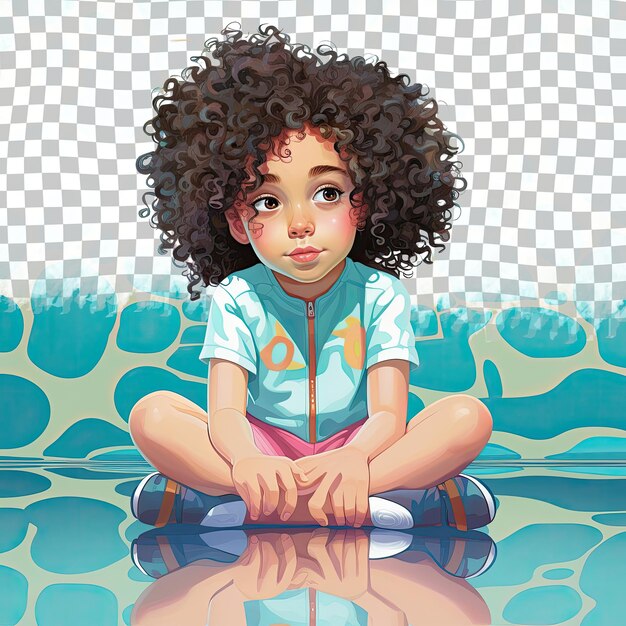 Australian Toddler Pessimistic Curls Piscine Prête à Poser Gracieux Plancher Assis à L'arrière-plan Pastel Turquoise