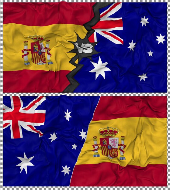 Australien gegen Spanien Halbkombinierte Flagge Stoff-Bump-Textur 3D-Rendering
