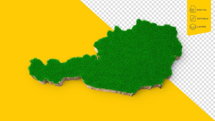 PSD austria mapa suelo tierra geología sección transversal con hierba verde y textura de suelo de roca ilustración 3d