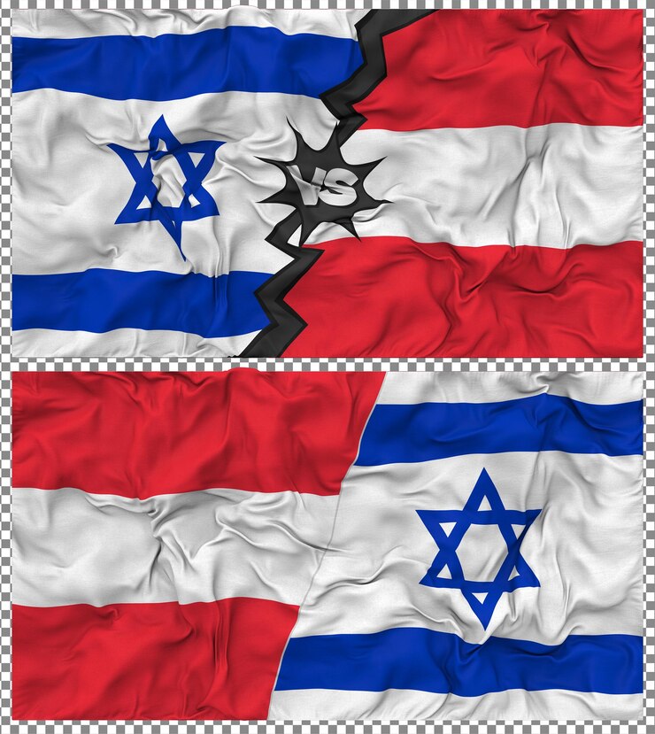 PSD áustria vs israel meia bandeira combinada textura de tecido de bump renderização 3d