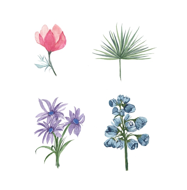 Auswahl an Aquarellblumen und Blättern