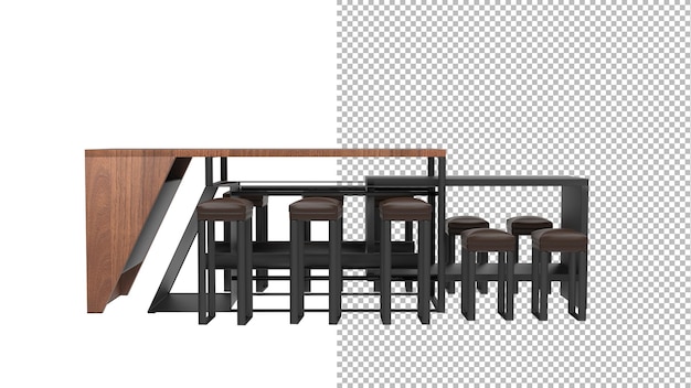 Ausziehbarer Tisch und Stühle, Vorderansicht ohne Schatten, 3D-Rendering