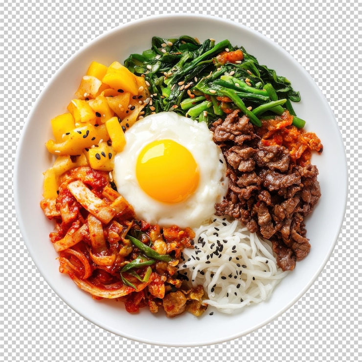 PSD auténtico bibimbap coreano con carne de res kimchi verduras sunnysideup huevo de fondo transparente