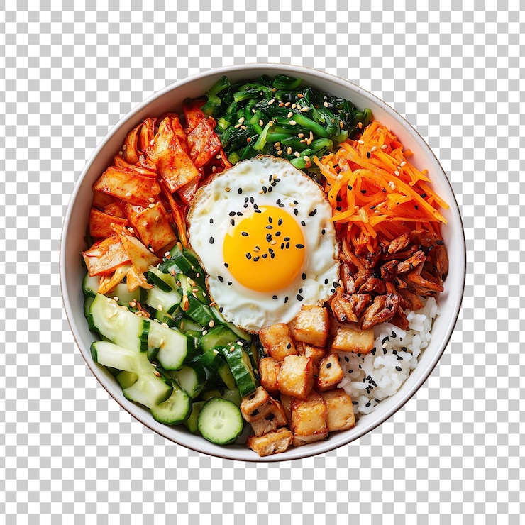 PSD auténtico bibimbap coreano con huevo y verduras de colores sobre un fondo transparente