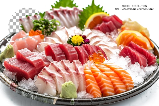 PSD auténtico plato de sashimi japonés sashimi fresco elegantemente arreglado sobre un fondo transparente