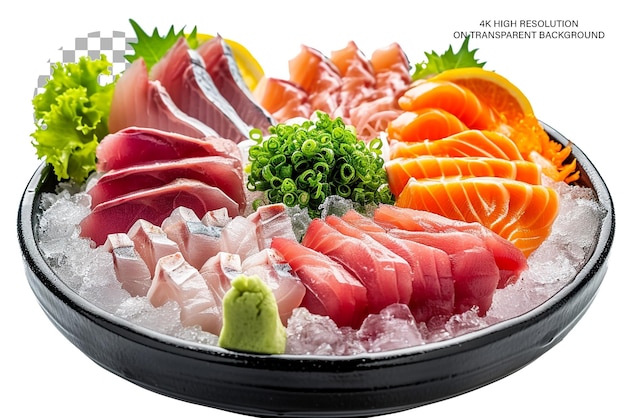 PSD auténtico plato de sashimi japonés sashimi fresco elegantemente arreglado sobre un fondo transparente