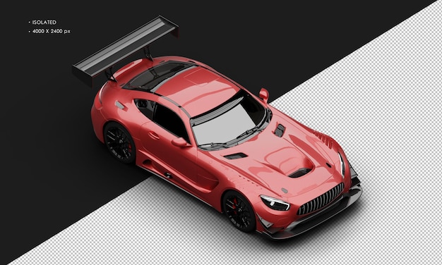 Auto de carreras deportivo de alto rendimiento metálico rojo realista aislado desde la vista delantera superior derecha