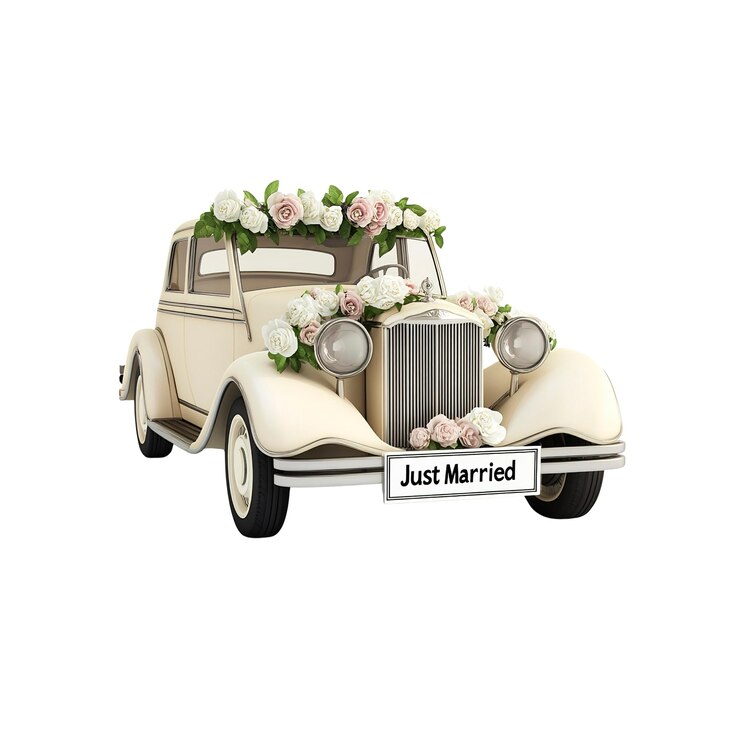 PSD auto d'epoca appena sposata decorata con fiori