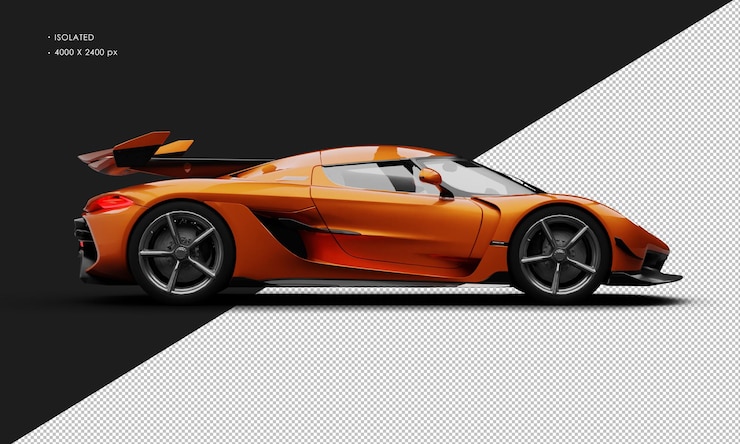 PSD auto deportivo hipersportivo aislado realista metálico naranja limitado de motor medio desde el lado derecho