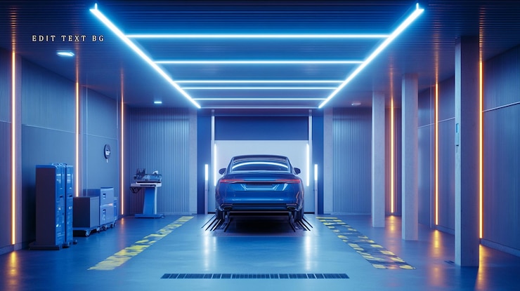 PSD auto futurista en un garaje subterráneo iluminado con neón