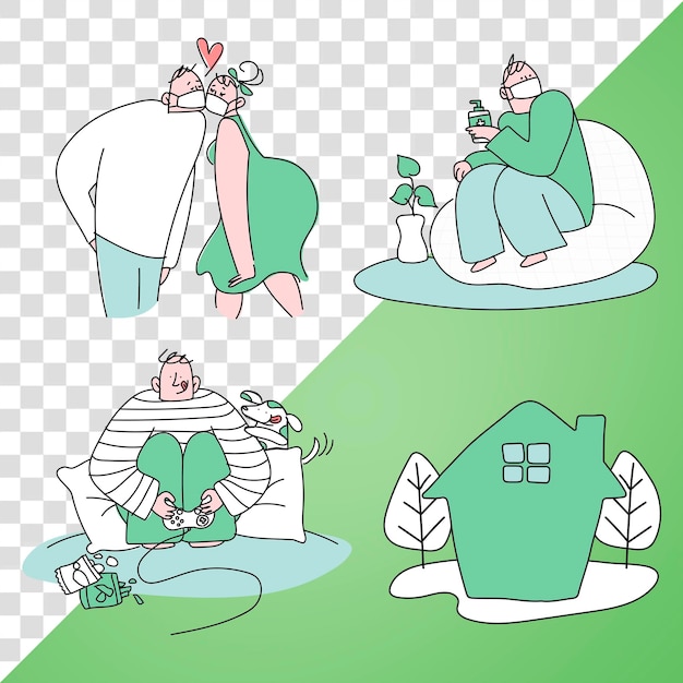 Auto-isolamento durante o coronavírus Doodle set png transparente