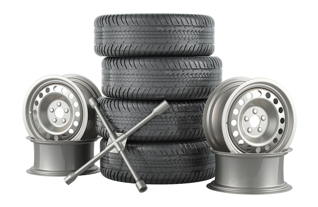 Auto service concept Car wheels and steel wheels with universal lug wrench 3D rendering isolated on transparent background