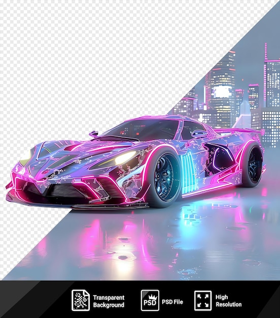 Auto supersport em cyberpunk city com luzes de néon generativo ai com pneus pretos e um fundo de céu azul png psd