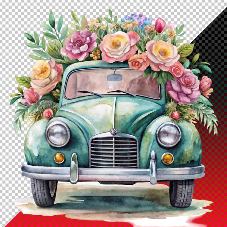 PSD auto vibrante con decorazione floreale su sfondo trasparente