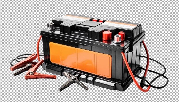 Autobatterie mit angeschlossenen Sprungkabeln