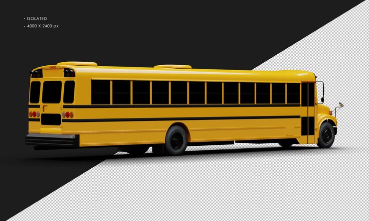 PSD autobús de pasajeros convencional naranja brillante aislado realista desde la vista trasera derecha