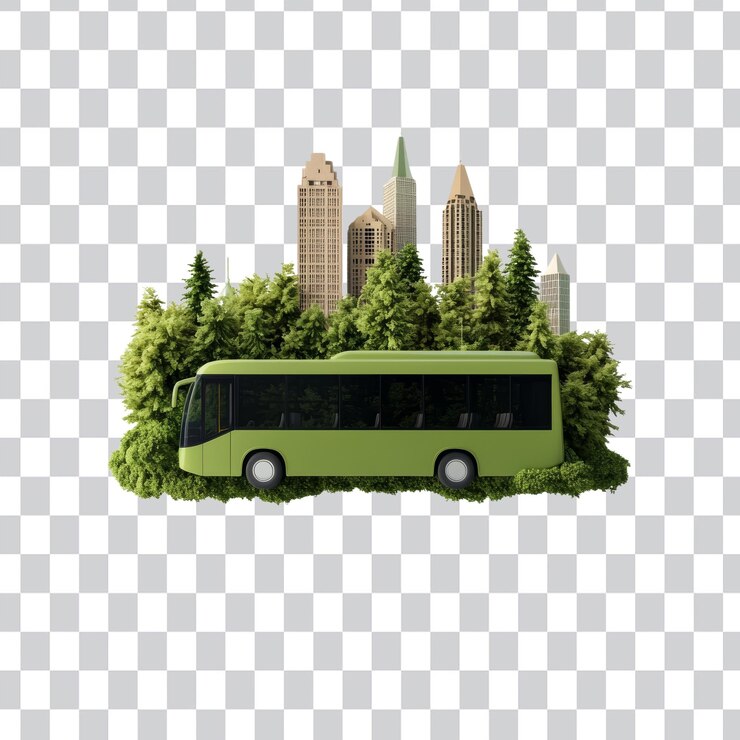 PSD autobús verde en el bosque urbano con rascacielos que simbolizan el transporte ecológico