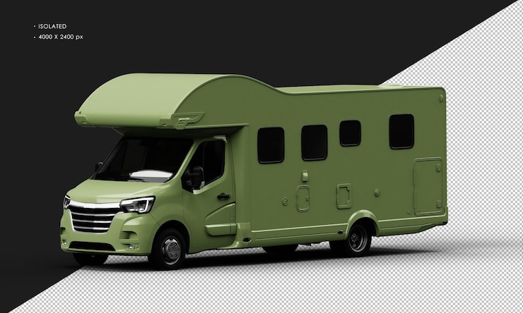 PSD autocaravana de viaje verde brillante realista aislada desde la vista frontal izquierda