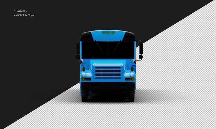 PSD autocarro de passageiros convencional azul brilhante isolado realista da vista frontal