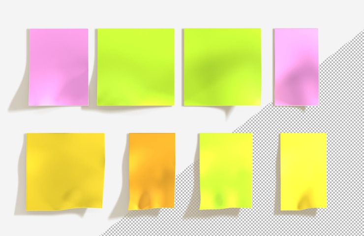 PSD autocollants de différentes formes maquettes collées sur un mur blanc étiquettes de couleur notes autocollantes pour mémo papier vierge carré et rectangle rappel répertorie les blancs de bureau vides isolés sur fond
