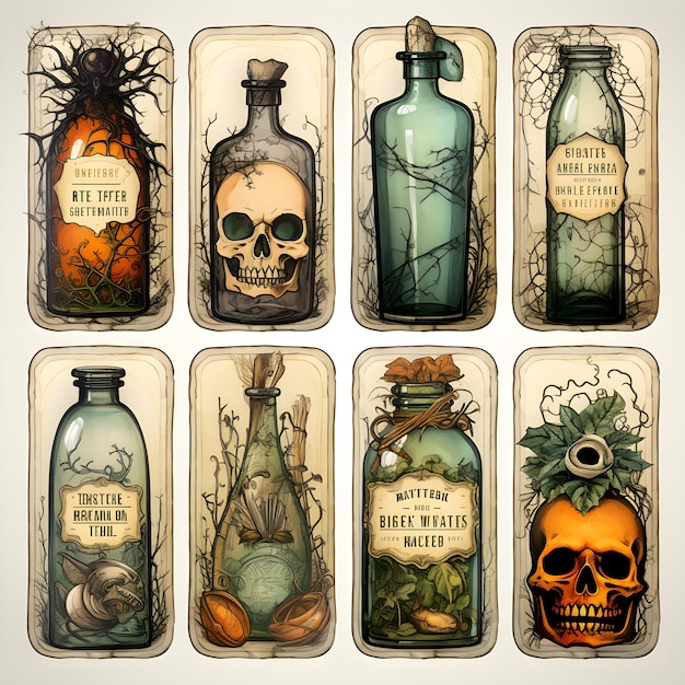 PSD autocollants d’halloween potions magiques étiquettes de potions pour halloween illustrations d’halloween fichiers png