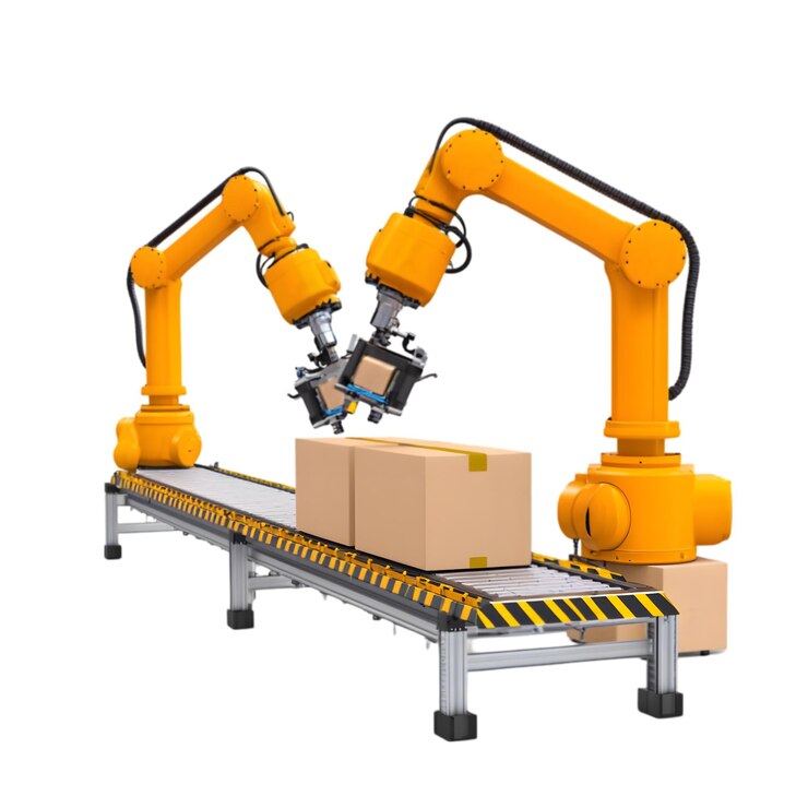 PSD automatische roboterarme auf förderbändern, die kartonboxen auf weiß isolieren