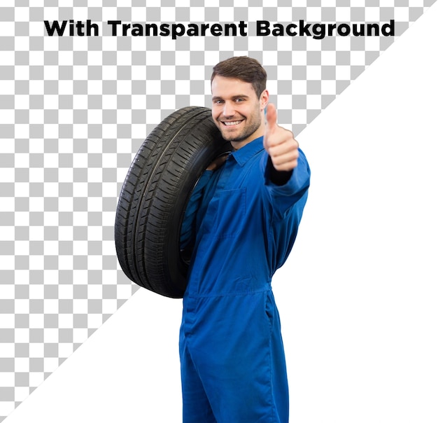 Automechaniker mit Reifen oder Reifen auf der Schulter mit Thumbsup-Zeichen Isoliert auf durchsichtigem Hintergrund