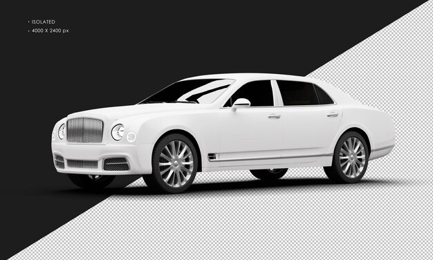 Automobile berline de luxe de grande taille réaliste matte blanc isolé vu de devant à gauche