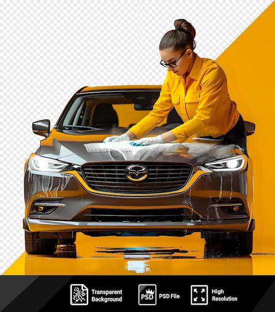 PSD automotive detailer cleaning a motor vehicle headlamp in front of a yellow wall wearing a yellow shirt and black glasses with a silver grill visible in the background png psd