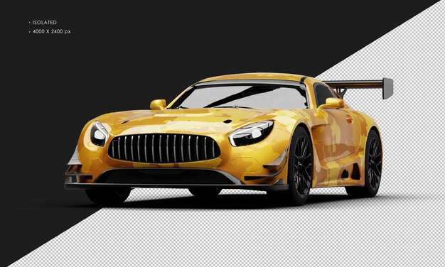 Automóvil de carreras deportivo turbo de camuflaje amarillo metálico realista aislado desde el ángulo delantero izquierdo