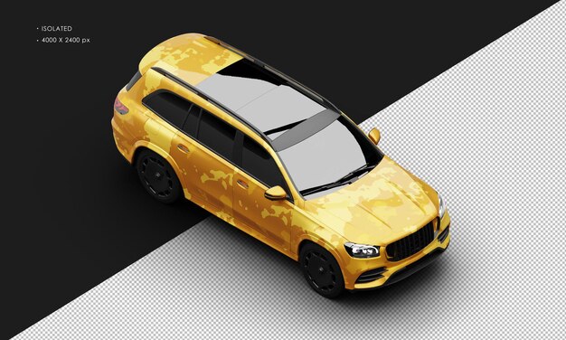 Automóvil deportivo moderno de camuflaje amarillo metálico realista aislado desde la parte superior derecha delantero