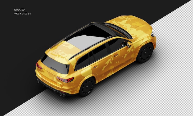 Automóvil deportivo moderno de camuflaje amarillo metálico realista aislado desde la parte superior derecha trasera