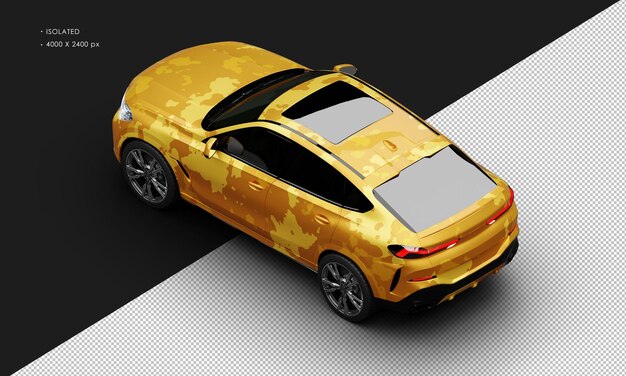 Automóvil deportivo urbano moderno de lujo de camuflaje amarillo metálico realista aislado en la parte superior izquierda trasera