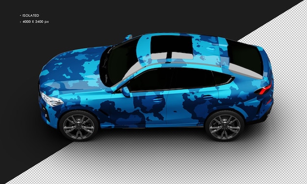 Automóvil deportivo urbano moderno de lujo de camuflaje azul metálico realista aislado en la parte superior izquierda