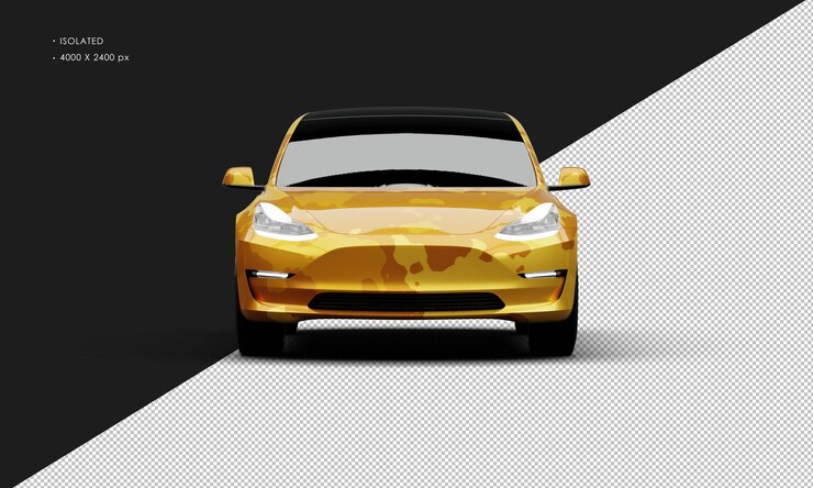 PSD automóvil ejecutivo eléctrico de camuflaje amarillo metálico realista aislado desde el frente