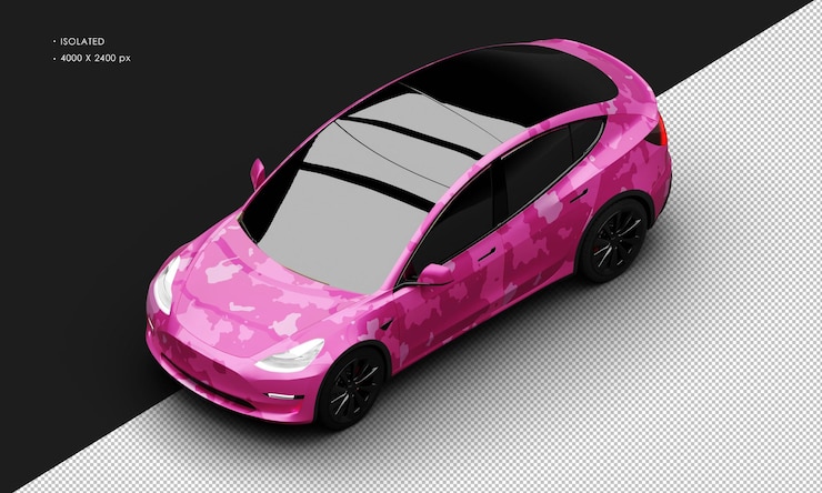 PSD automóvil ejecutivo eléctrico de camuflaje rosado metálico realista aislado desde la vista delantera superior izquierda