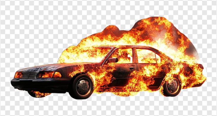 PSD un automóvil en llamas aislado en un fondo transparente auto en llamas png