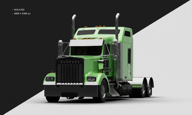 Automóvil de semirremolques pesados metálicos verdes y realistas aislados desde el ángulo delantero izquierdo
