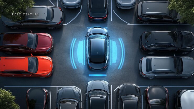 Autonomes Parkassistenzsystem auf einem überfüllten Parkplatz von oben nach unten