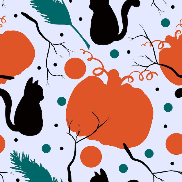 Autumn seamless pattern for Halloween with black cat orange pumpkin and black tree branches color