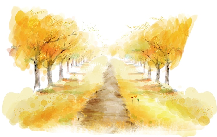 PSD autumnal path lined with golden trees