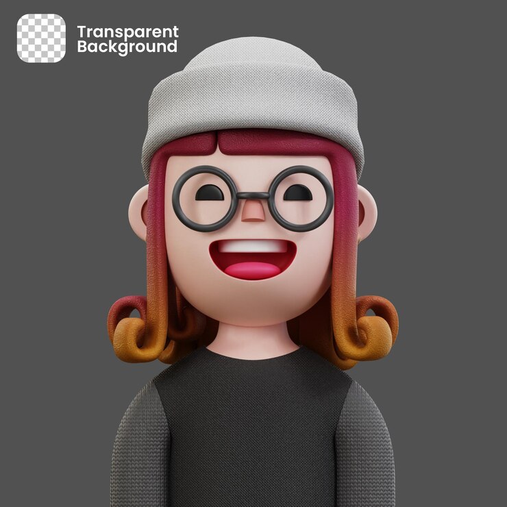 PSD avatar 3d camisa negra mujer con sombrero gris personaje png transparente
