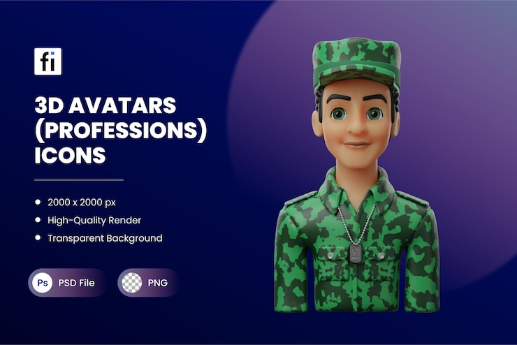 PSD avatar en 3d profesiones ilustraciones soldado