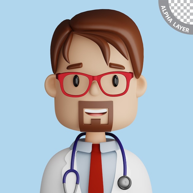 Avatar de desenho animado 3D de médico muito barbudo