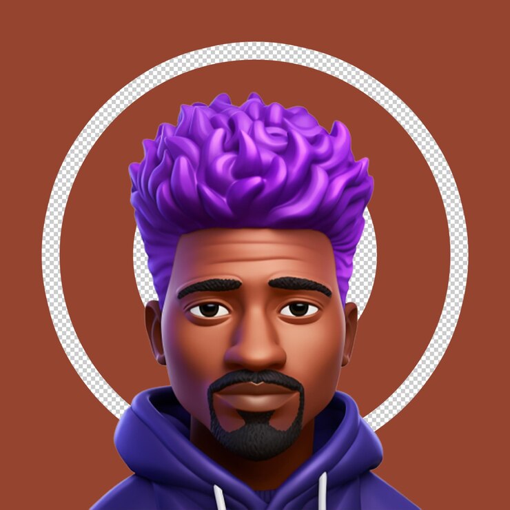 PSD avatar de desenho animado em 3d com cabelo roxo