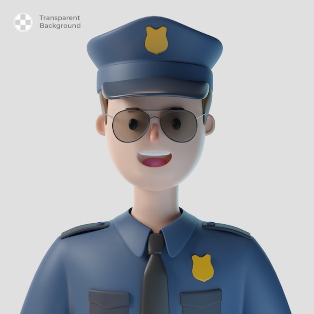 Avatar de personagem de desenho animado de policial 3d isolado em renderização em 3d