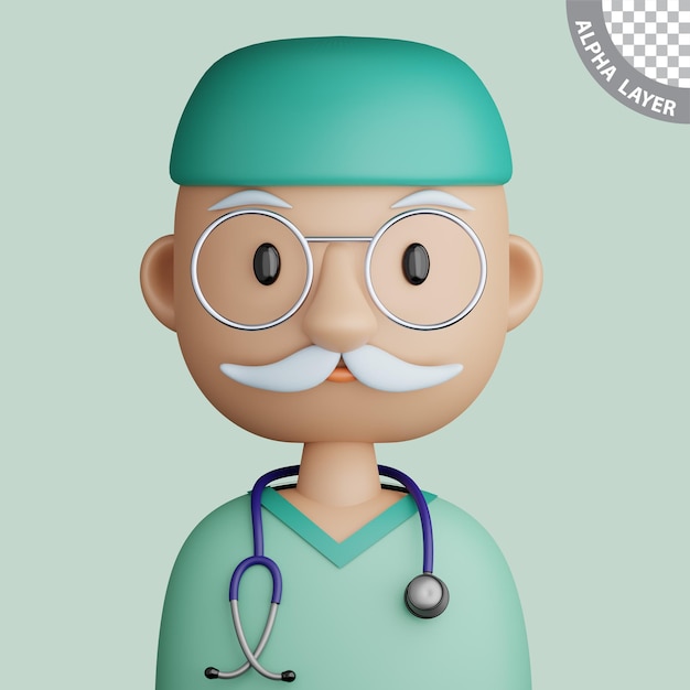 Avatar de dibujos animados en 3D de un médico maduro y sonriente