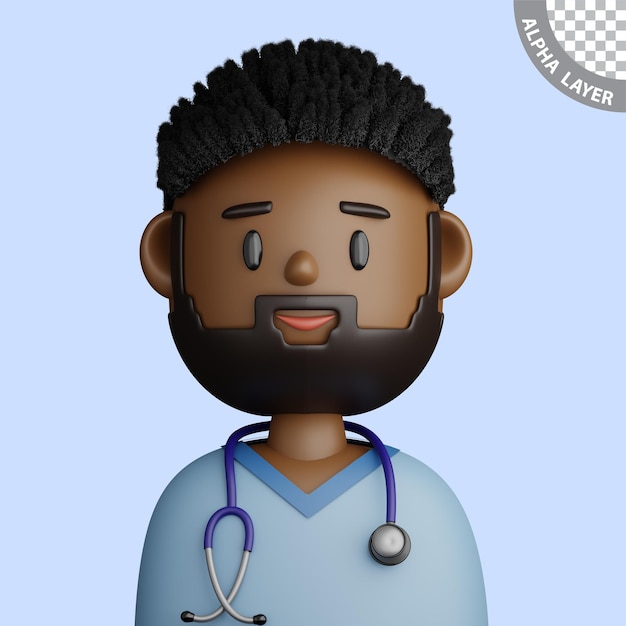 Avatar de dibujos animados en 3D de un médico negro barbudo sonriente